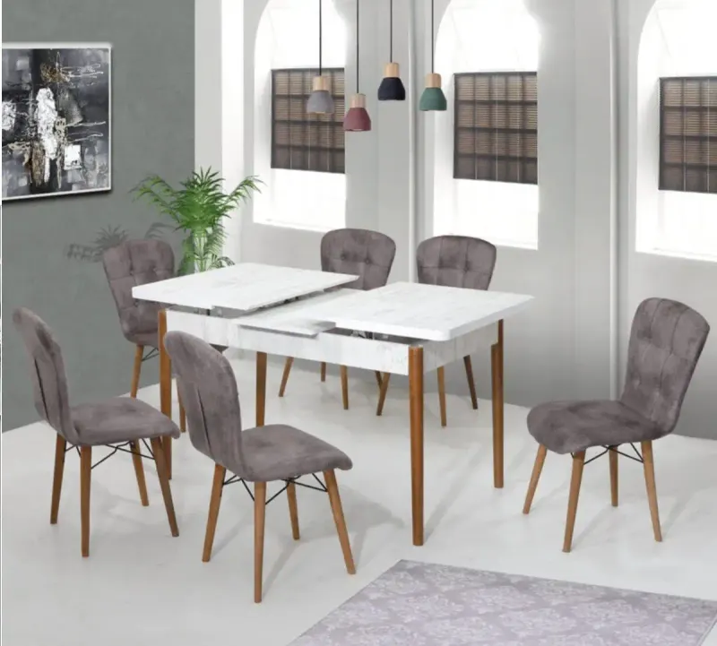 Set masa alba extensibila cu 4 scaune tapitate gri picioare lemn 110 x 70 cm