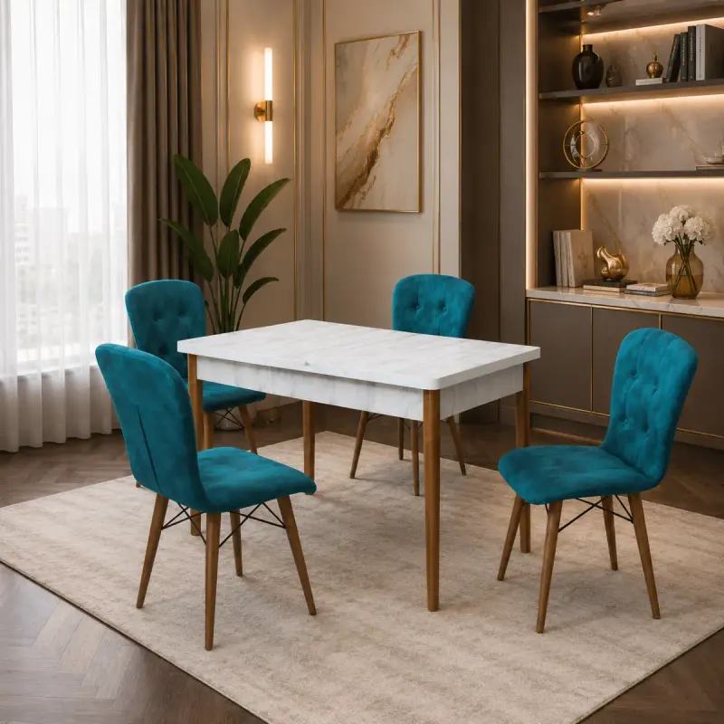Set masa alba extensibila cu 4 scaune tapitate cobalt blue picioare lemn 110 x 70 cm