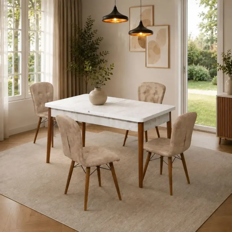 Set masa alba extensibila cu 4 scaune tapitate maro Cristal 110 x 70 cm, picioare lemn