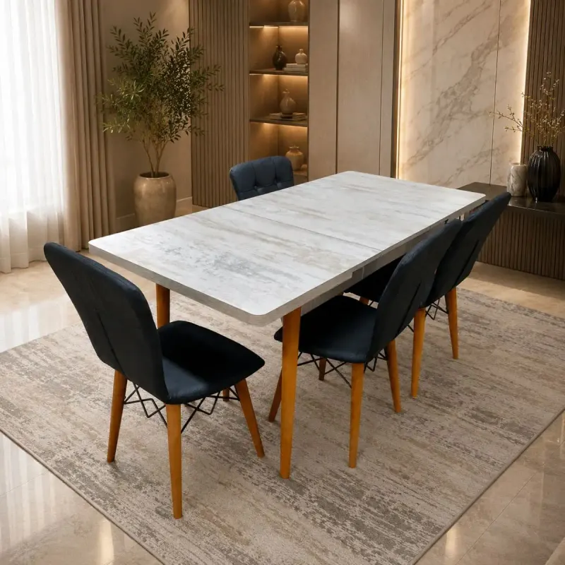 Set masa extensibila cu 4 scaune tapitate cristal alb-negru 110 x 70 cm