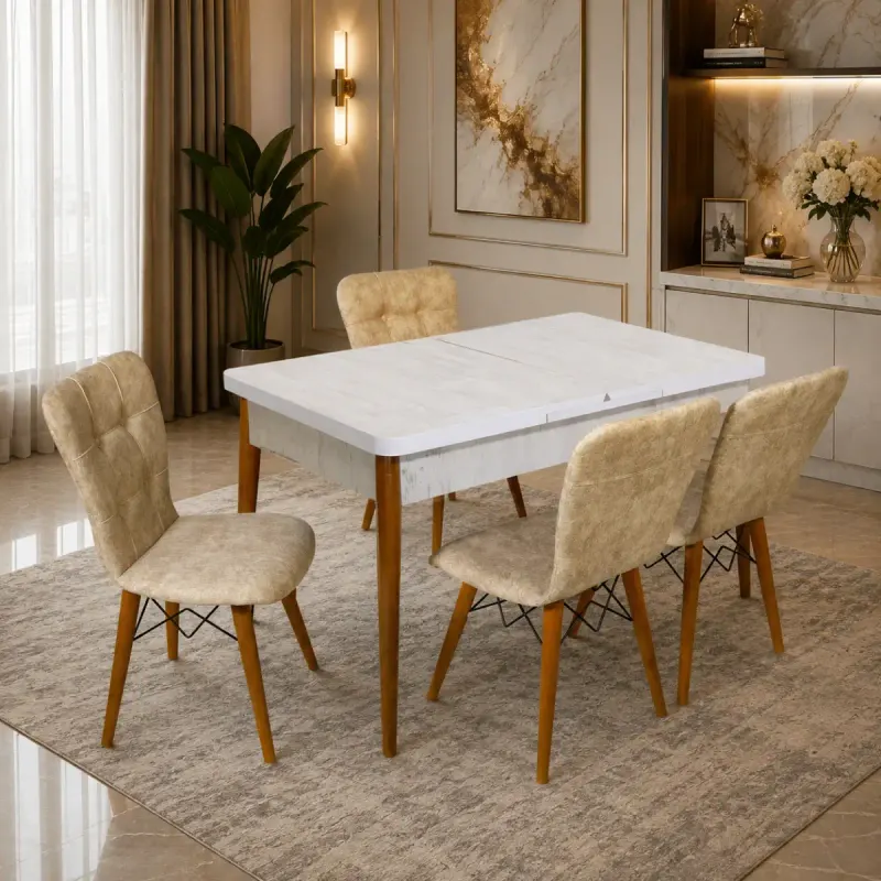 Set masa extensibila cu 4 scaune tapitate cristal alb-bej 110 x 70 cm