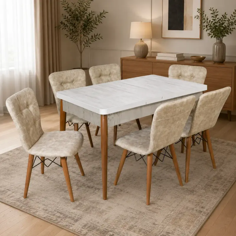 Set masa extensibila cu 6 scaune tapitate cristal alb-bej 170 x 80 cm