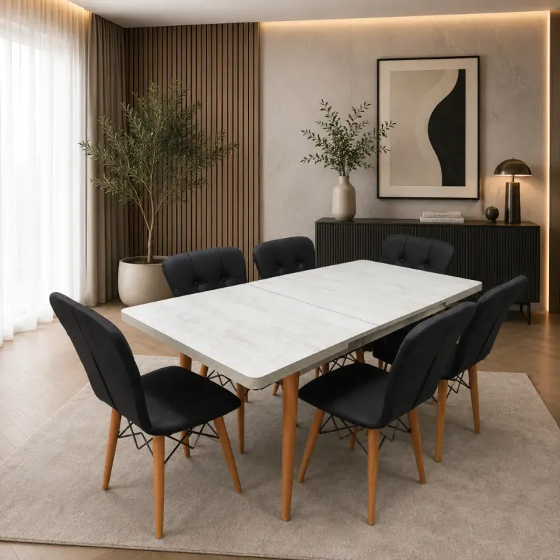 Set masa extensibila cu 6 scaune tapitate cristal alb-negru 170 x 80 cm