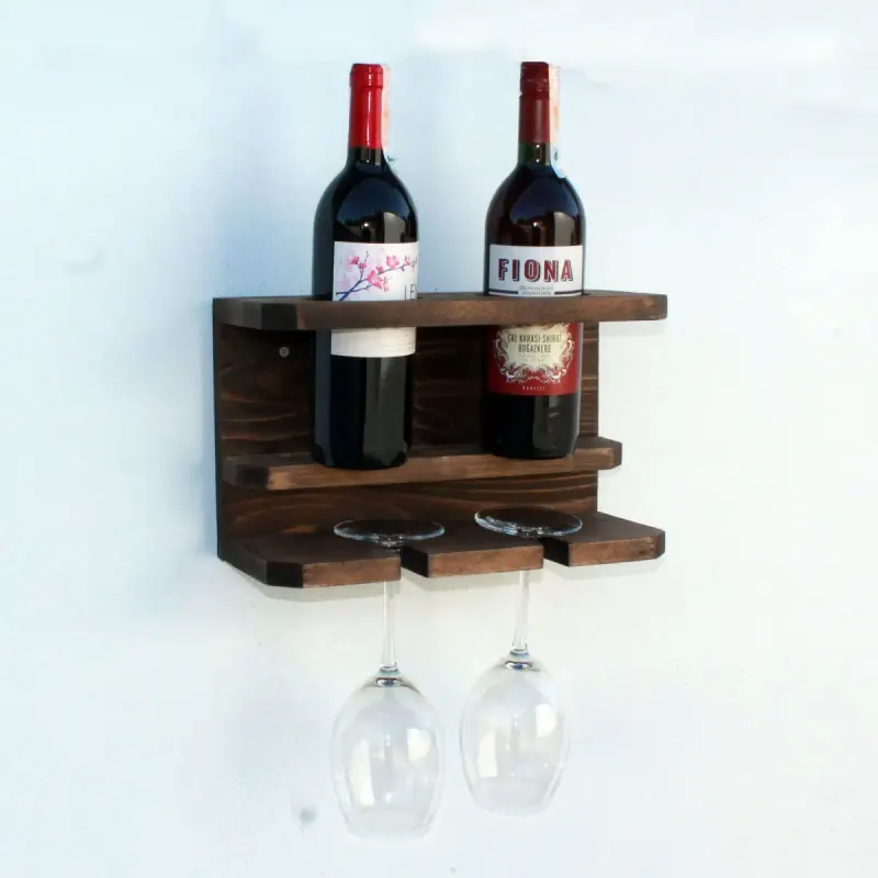 Suport din lemn pentru 2 sticle vin si 2 pahare 32 x 20 x 15 cm, maro
