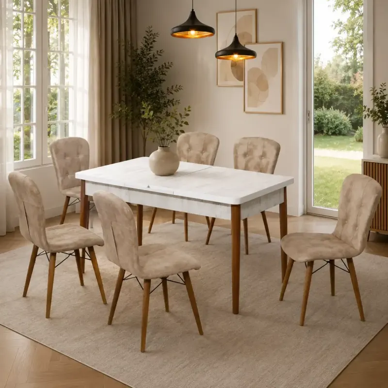 Set masa alba extensibila cu 6 scaune tapitate maro Cristal 170 x 80 cm, picioare lemn
