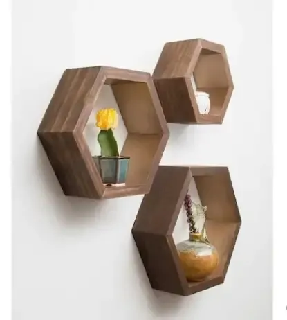 Set 3 rafturi perete Hexa lemn natur