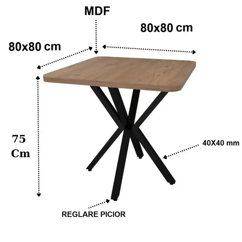 Masa de bucatarie din MDF patrat, texturata, 80x80X75 cm