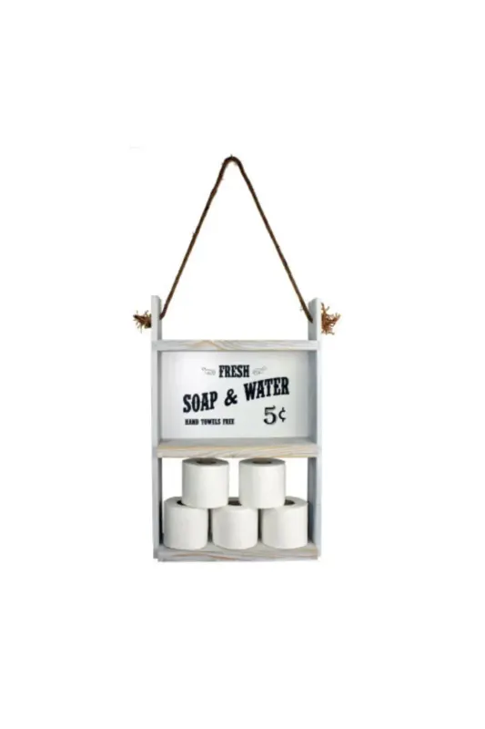 Resigilat:Raft din lemn cu sfoara Farmhouse , 60 x 40 x 13 cm, alb antic