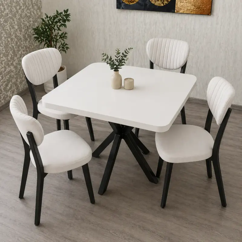 Set Masa Bucatarie cu 4 Scaune , masa MDF, Alb,80x80x74 cm,