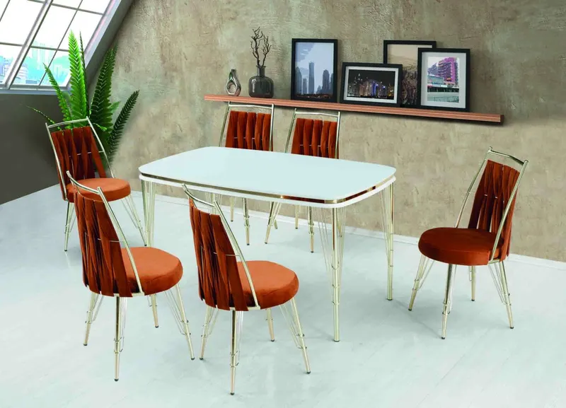 Set Masa cu 6 Scaune Bucatarie, Reina 80 x 140 cm, Negru/Auriu,MDF,250-30216-17