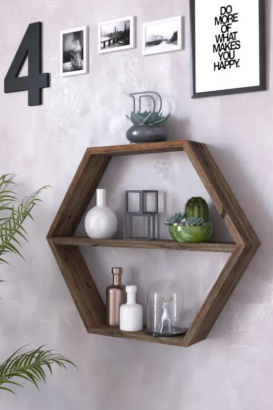 Raft de perete din lemn Hexagonal , maro