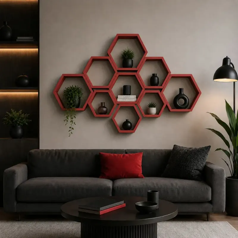 Set 9 rafturi perete Hexa Culoare roşu , ,Seia A620,lemn natur
