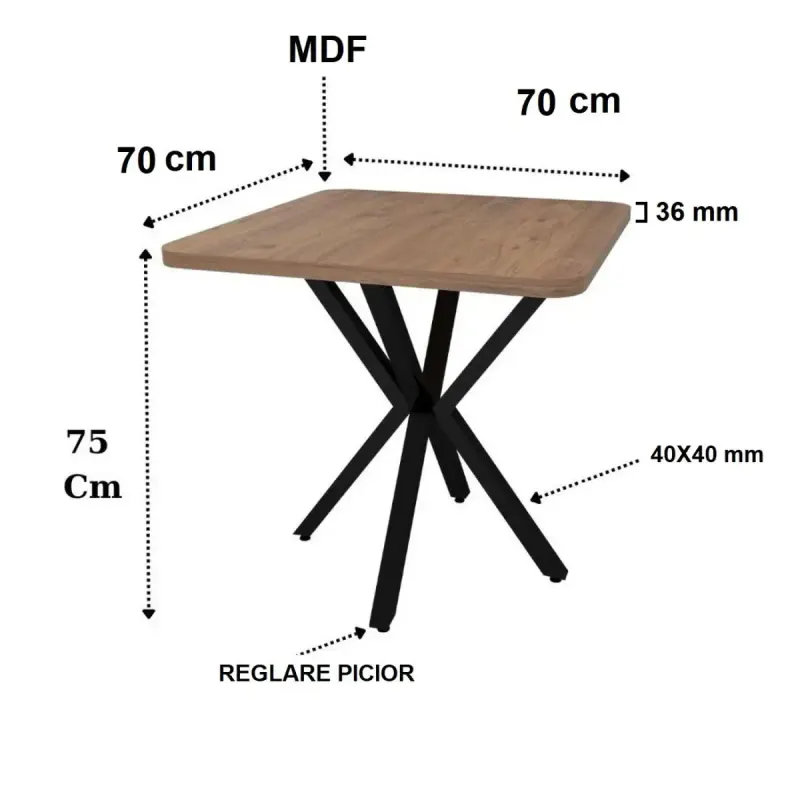 Masa bucatarie patrat din mdf texturata,culoare nuc, 70 x 70X75