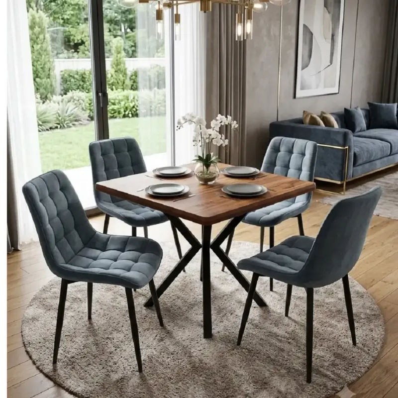 Set masa 80 cm blat MDF si 4 scaune Dnv catifea gri, picioare metalice negre