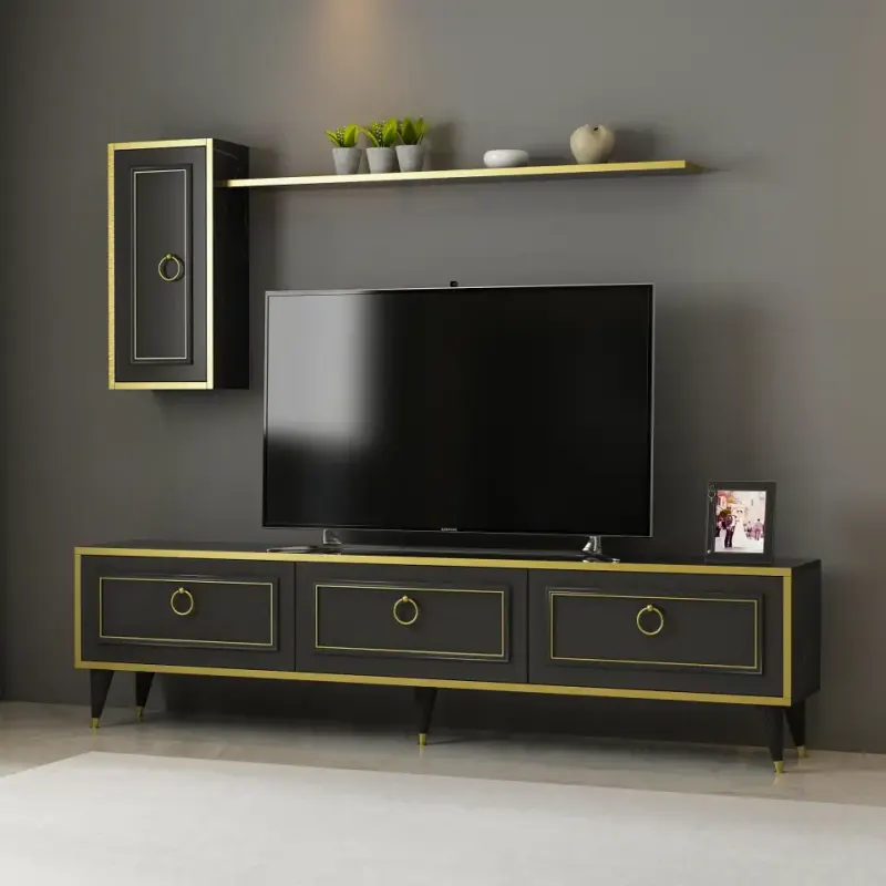 Set comoda tv si modul superior Vals , 180 x 45.5 x 29.5 cm, negru/auriu