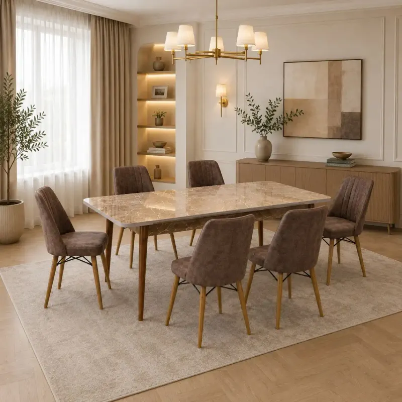 Set masa extensibila cu 6 scaune tapitate cargold, marmura bej -maro 170 x 80 cm