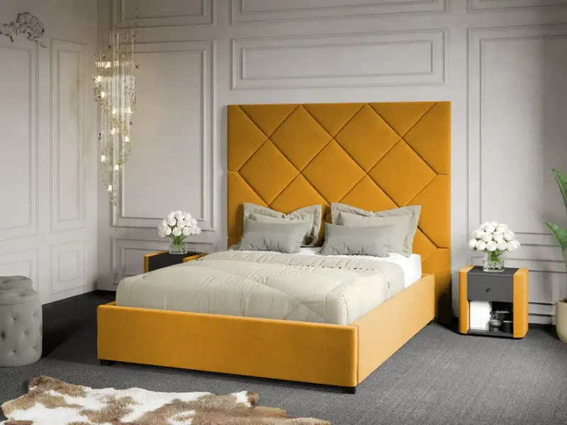 Pat Tapitat cu Panou 191x170 C2 Dubai cu somiera fixa Galben - Velluto 8 160x200