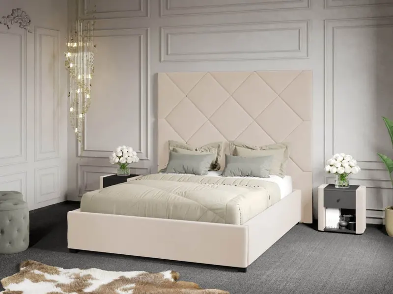 Pat Tapitat cu Panou 191x170 C2 Dubai cu somiera fixa Crem - Velluto 2 180x200