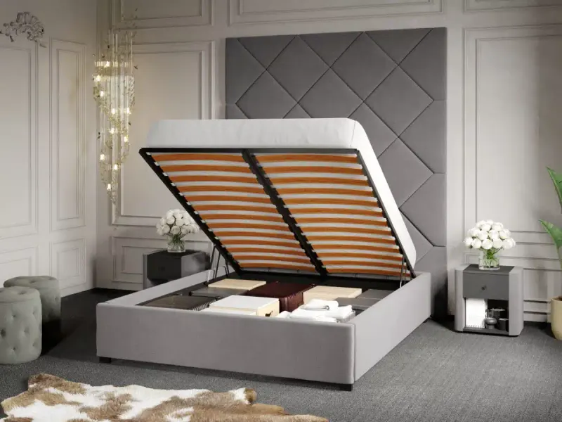 Pat Tapitat cu Panou 191x228 C1 Dubai cu somiera rabatabila si lada de depozitare Gri - Velluto 16 140x200