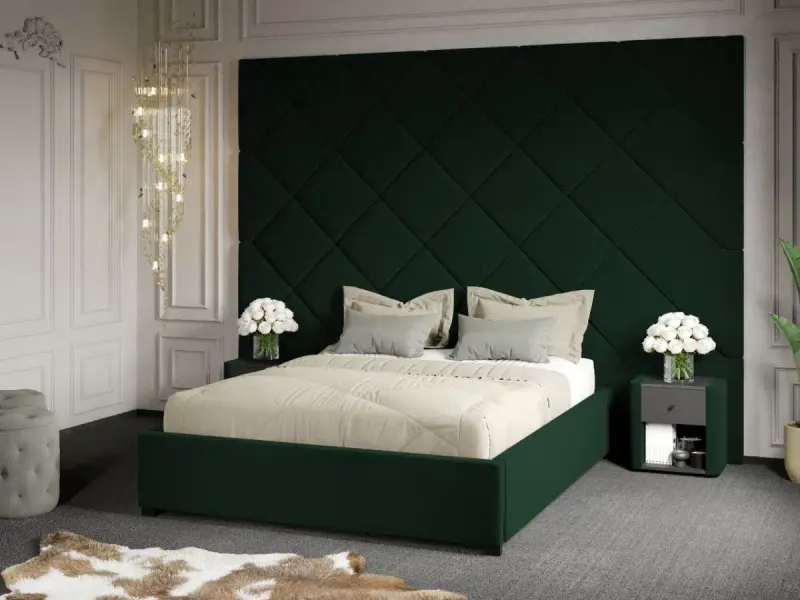Pat Tapitat cu Panou 305x228 C3 Dubai cu somiera fixa Verde Inchis - Velluto 27 140x200