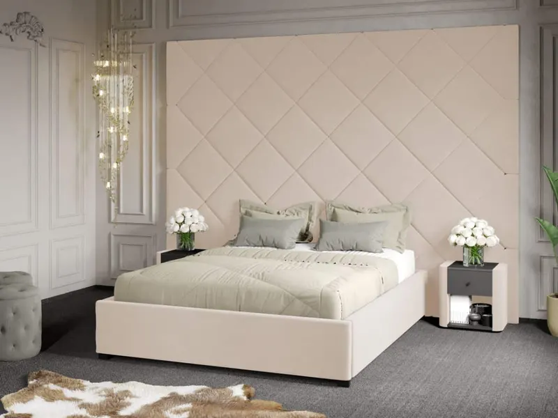 Pat Tapitat cu Panou 305x228 C3 Dubai cu somiera fixa Crem - Velluto 2 180x200