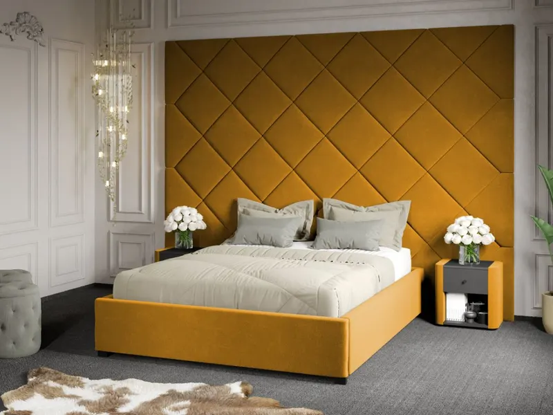Pat Tapitat cu Panou 305x228 C3 Dubai cu somiera fixa Galben - Velluto 8 140x200