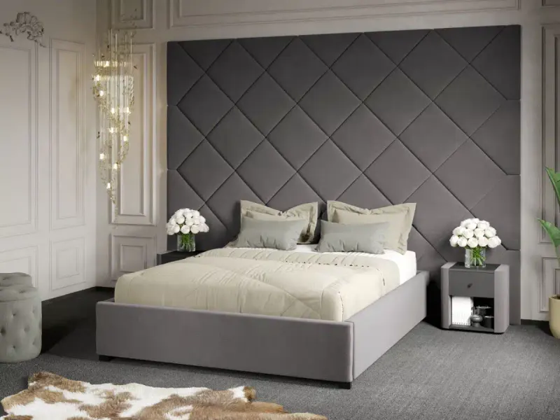 Pat Tapitat cu Panou 305x228 C3 Dubai cu somiera fixa Gri - Velluto 16 160x200