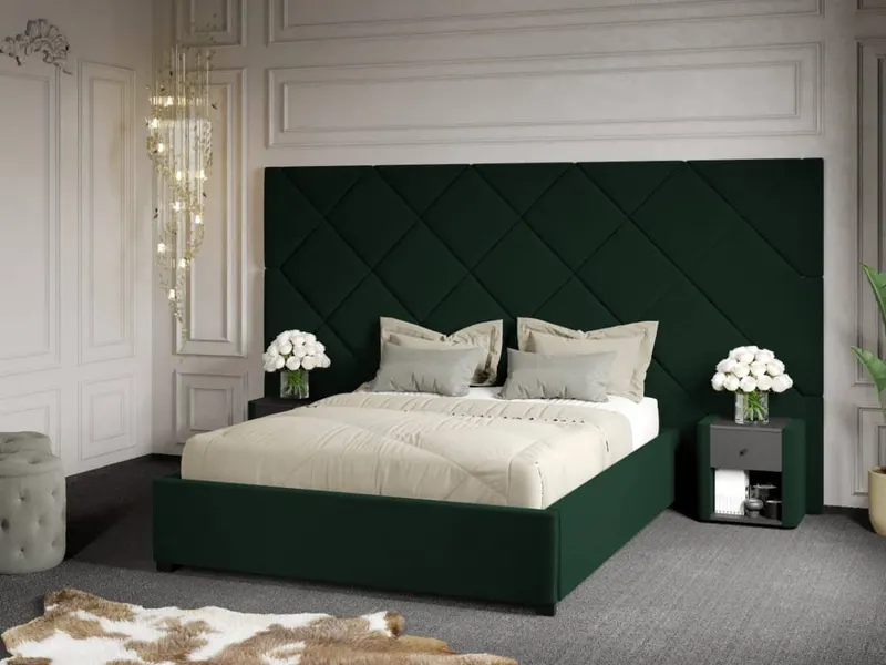 Pat Tapitat cu Panou 305x171 C4 Dubai cu somiera fixa Verde Inchis - Velluto 27 180x200