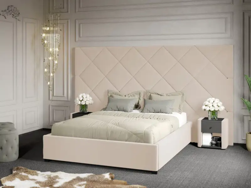 Pat Tapitat cu Panou 305x171 C4 Dubai cu somiera fixa Crem - Velluto 2 140x200