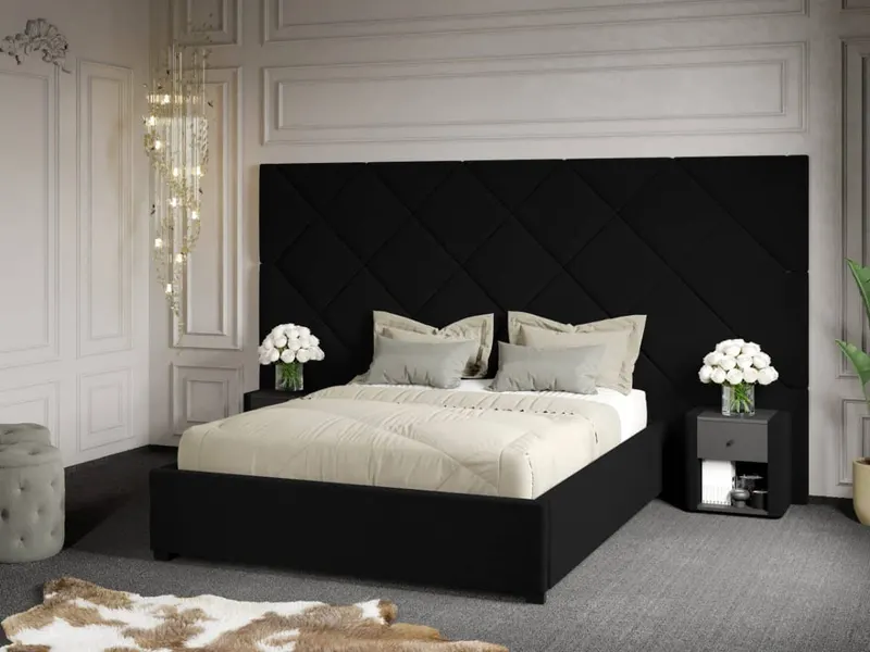 Pat Tapitat cu Panou 305x171 C4 Dubai cu somiera fixa Negru - Velluto 20 180x200