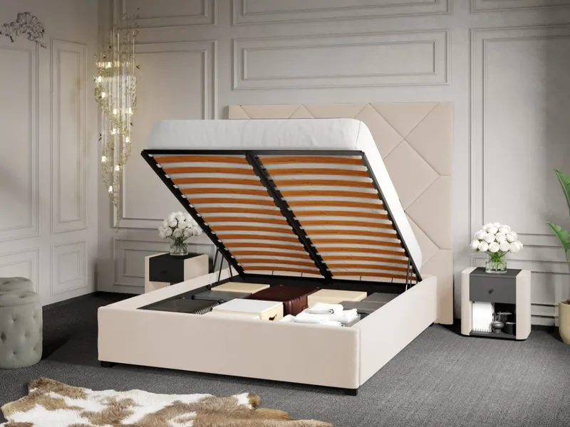 Pat Tapitat cu Panou 191x170 C2 Dubai pentru saltea de 190 rabatabil cu lada Crem - Velluto 2 180x190
