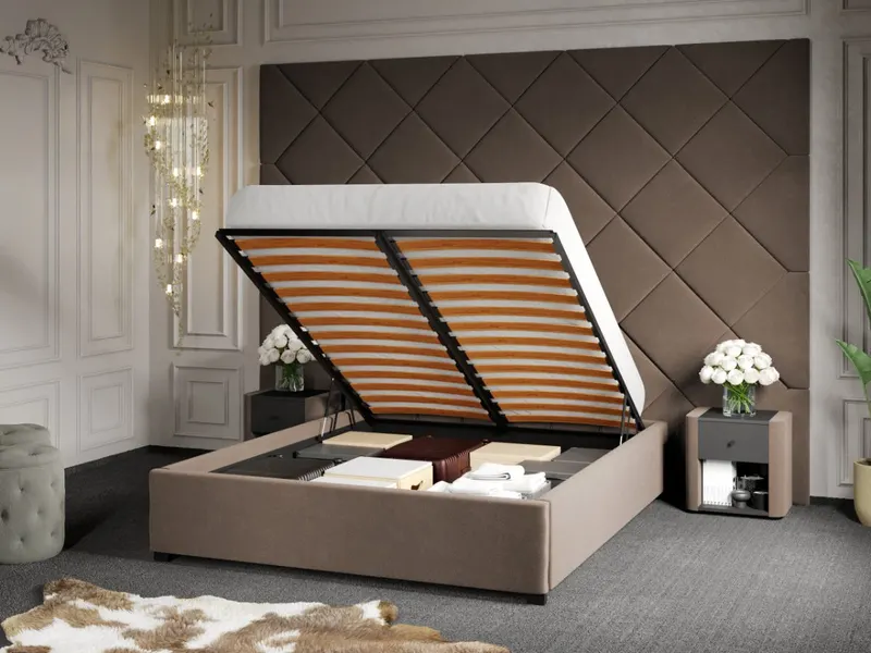 Pat Tapitat cu Panou 305x228 C3 Dubai pentru saltea de 190 rabatabil cu lada Cappuccino - Velluto 29 160x190