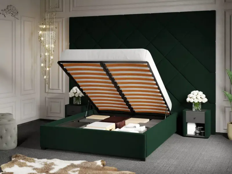 Pat Tapitat cu Panou 305x228 C3 Dubai pentru saltea de 190 rabatabil cu lada Verde Inchis - Velluto 27 180x190