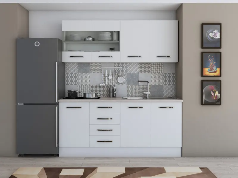 Bucatarie Alfabet cu corp vitrina, 180 cm, Alb