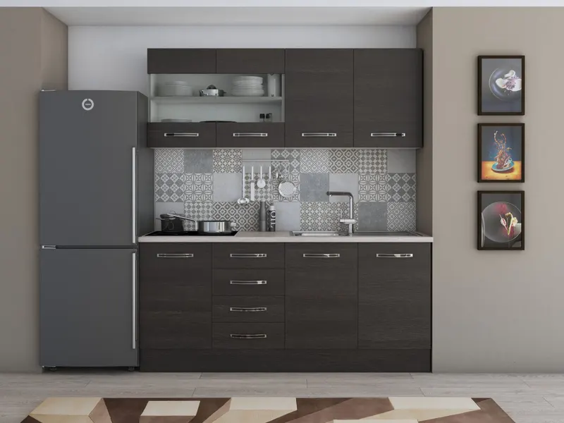 Bucatarie Alfabet cu corp vitrina, 180 cm, Wenge