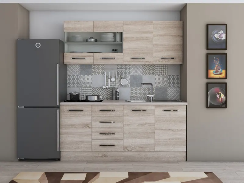 Bucatarie Alfabet cu corp vitrina, 180 cm, Sonoma