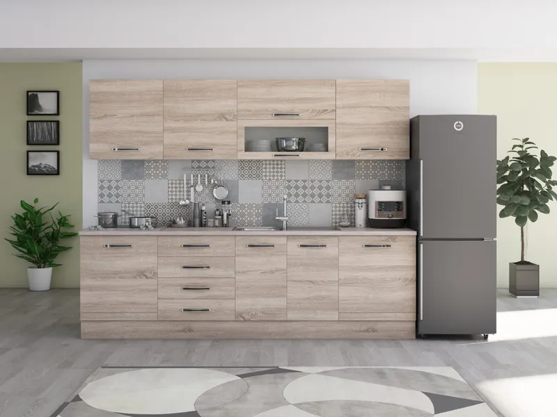 Bucatarie Alfabet cu corp vitrina, 260 cm, Sonoma