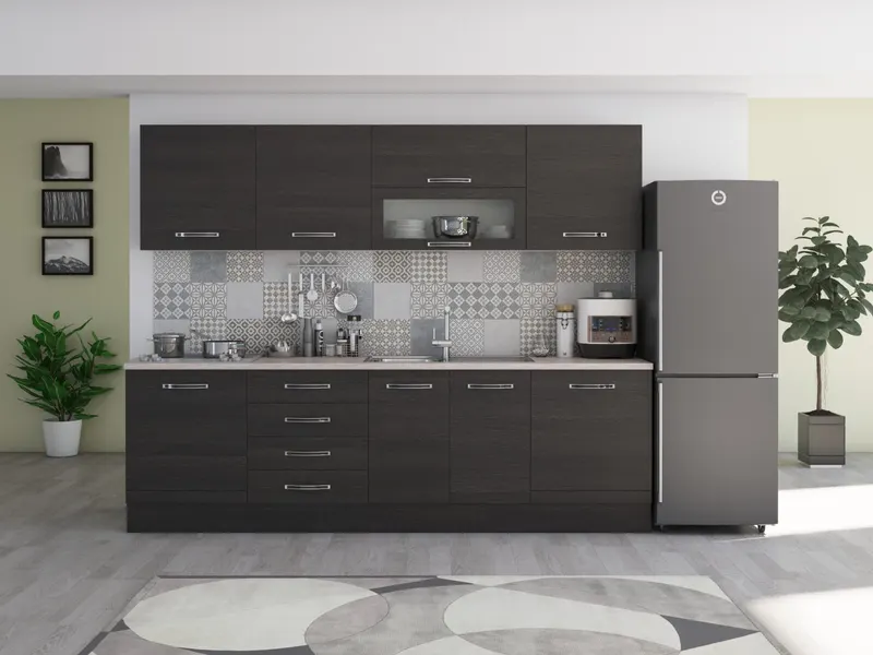 Bucatarie Alfabet cu corp vitrina, 260 cm, Wenge