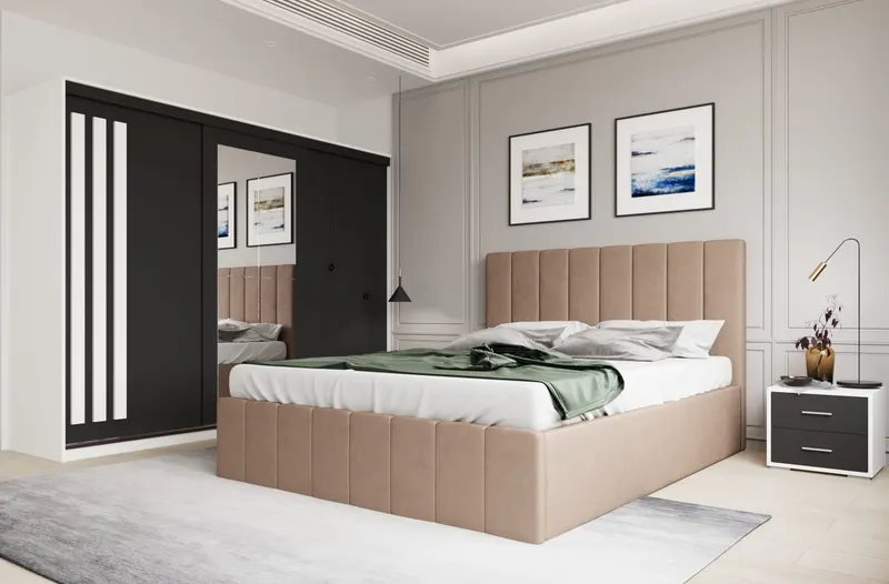 Set dormitor Prado Bej cu dulap Paris Alb/Gri