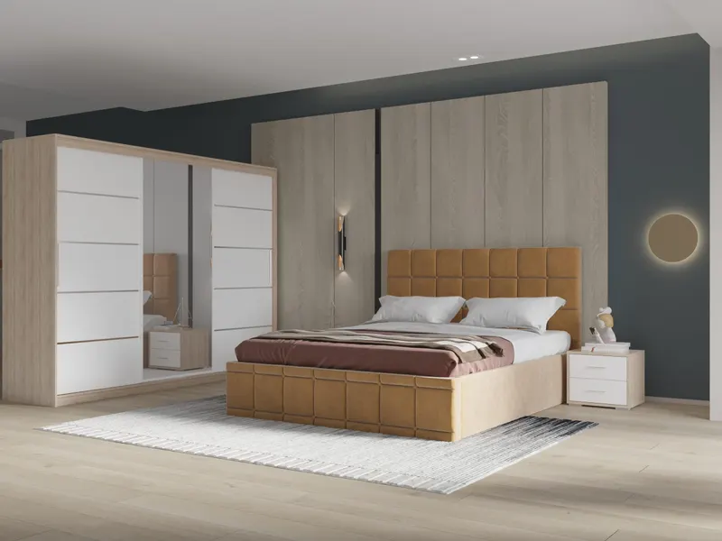 Set dormitor Royal 250, Bej cu Dulap Sonoma/Alb