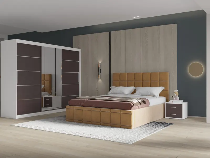 Set dormitor Royal 250, Bej cu Dulap Alb/Wenge