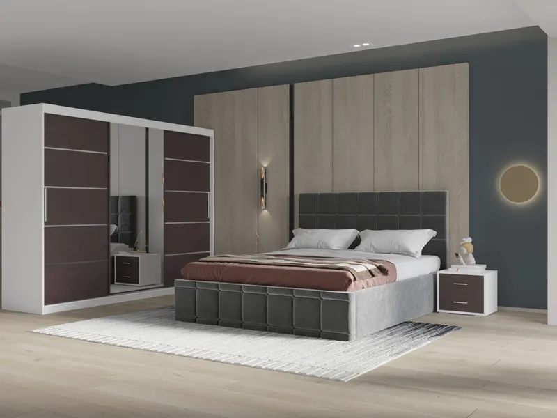 Set dormitor Royal 250, Gri cu Dulap Alb/Wenge
