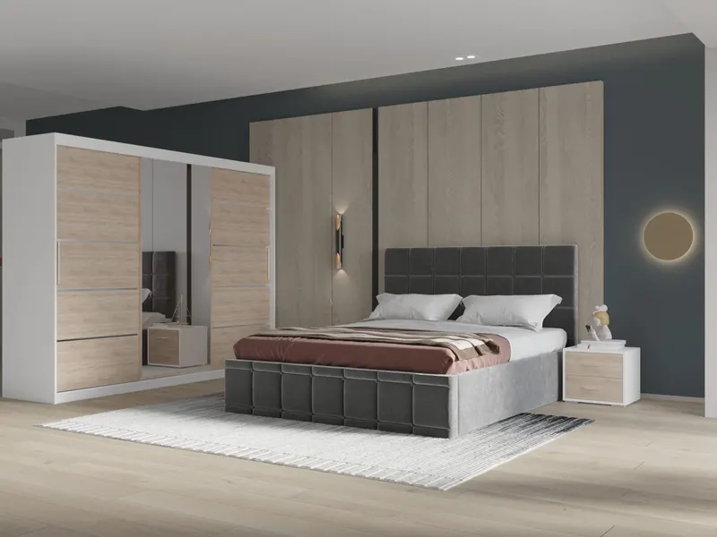 Set dormitor Royal 250, Gri cu Dulap Alb/Sonoma