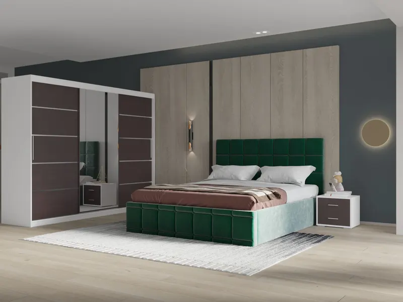 Set dormitor Royal 250, Verde cu Dulap Alb/Wenge