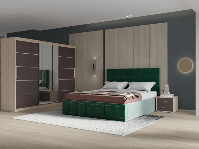 Set dormitor Royal 250, Verde cu Dulap Sonoma/Wenge