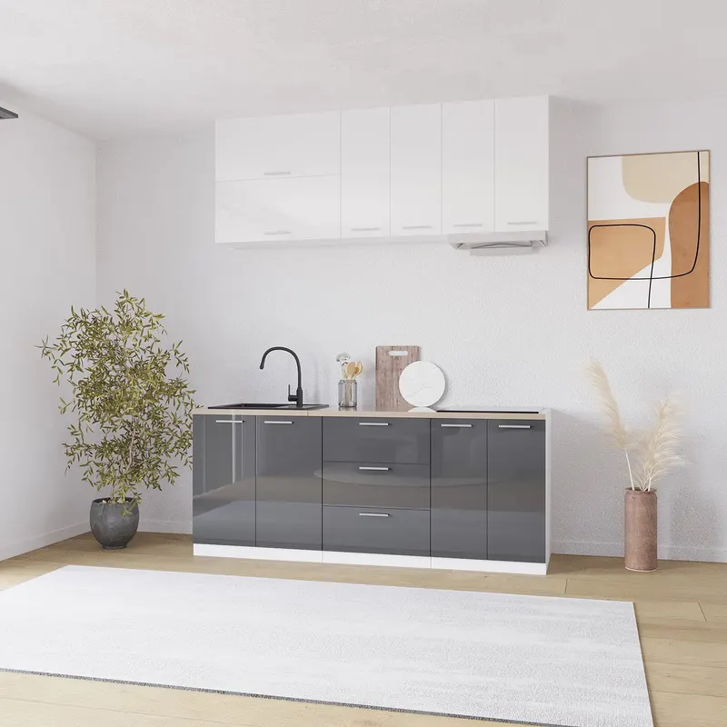Bucatarie Love MDF lucios, 200 cm, Alb/Gri
