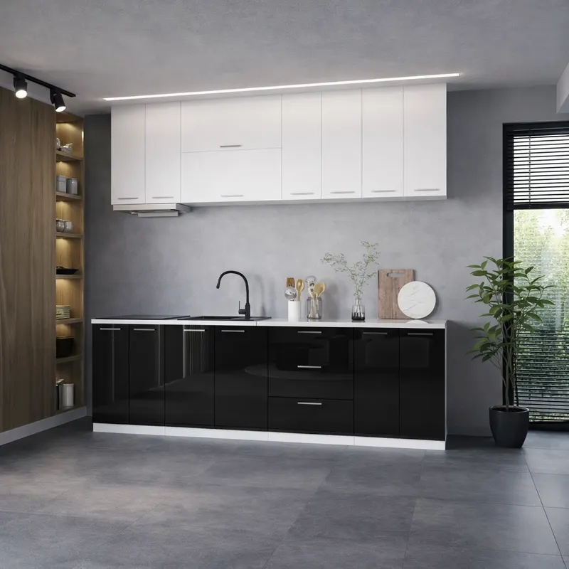 Bucatarie Love MDF lucios, 260 cm, Alb/Negru