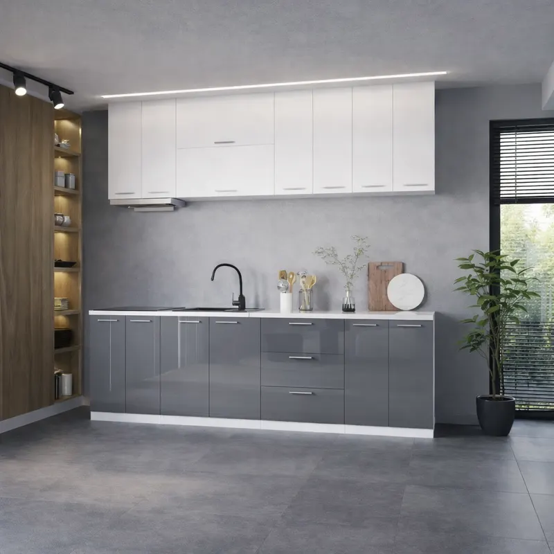 Bucatarie Love MDF lucios, 260 cm, Alb/Gri