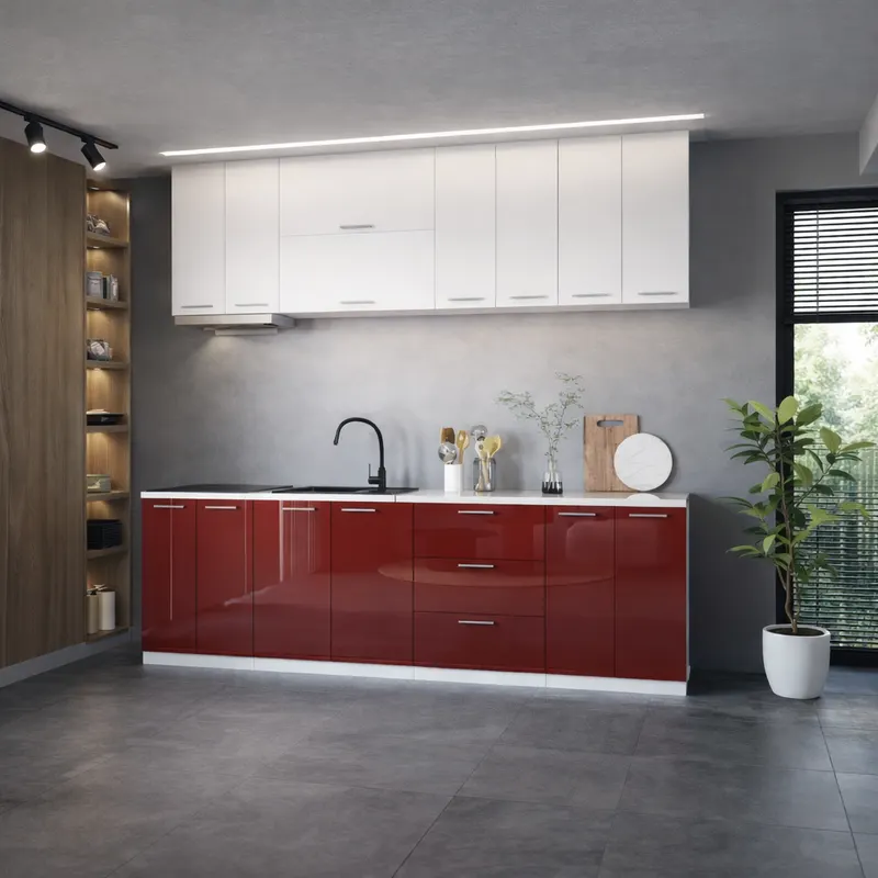 Bucatarie Love MDF lucios, 260 cm, Alb/Rosu