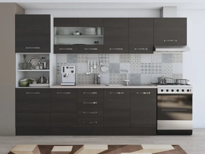 Bucatarie Alfabet cu corp soldat si vitrina, 300 cm, Wenge